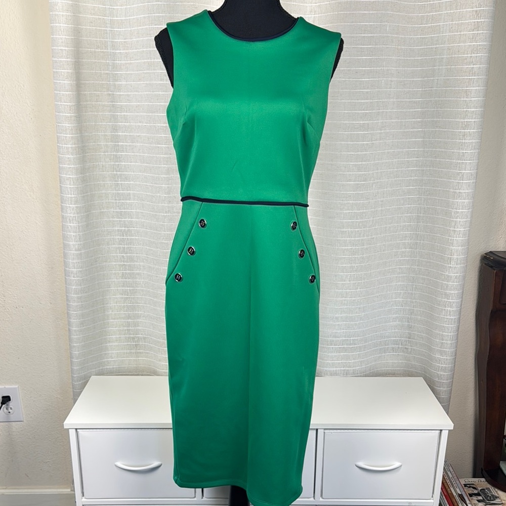 ENFOCUS STUDIO Elegant Green & Navy Blue Sleeveless Dress, 8-Medium